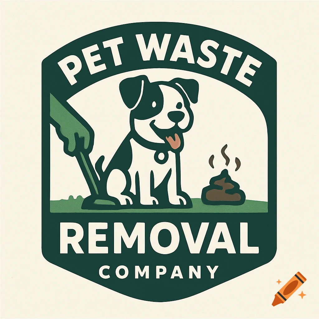 Logo for Pet Waste Removal Company featuring a cartoon dog, pooper scooper, and text.