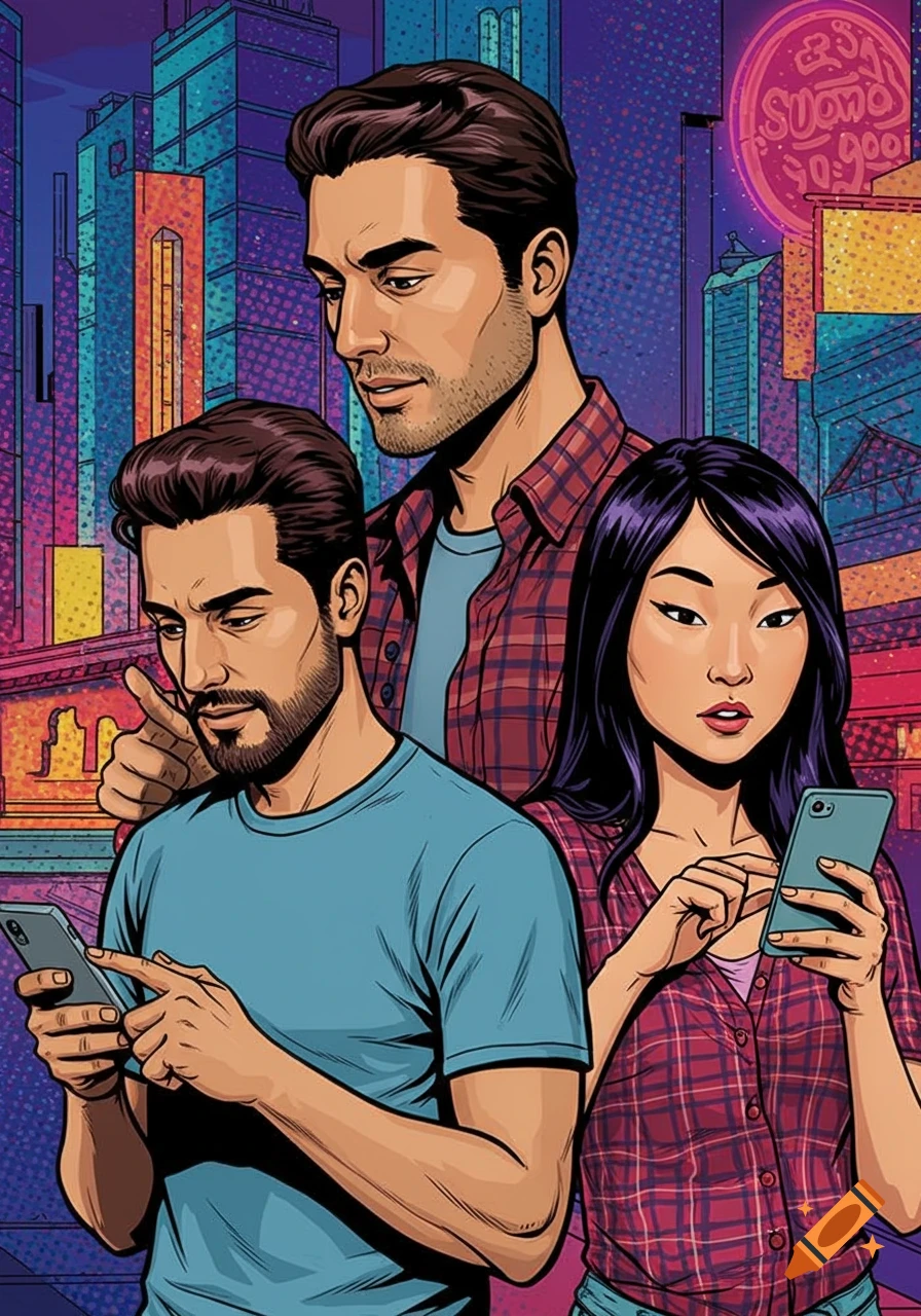 Three people look at smartphones in a stylized city, comic art style.