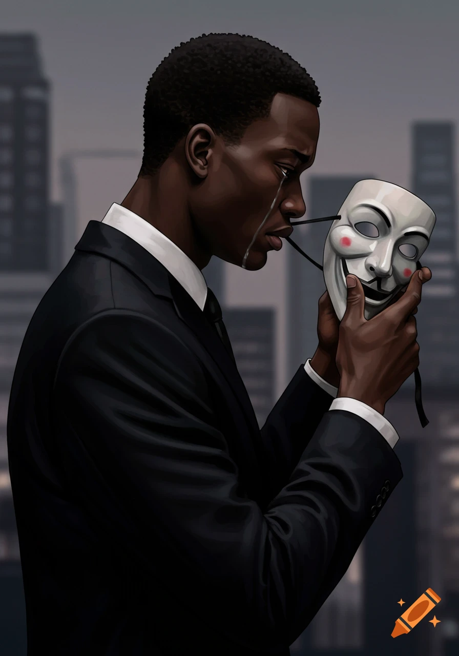 An illustration of a man in a suit removing a smiling mask while crying, with a city background.