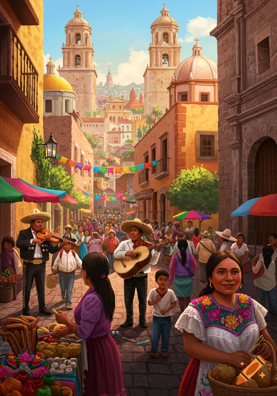 A vibrant illustration of a busy street market in a Mexican town with mariachis, colorful stalls, people, and colonial architecture.