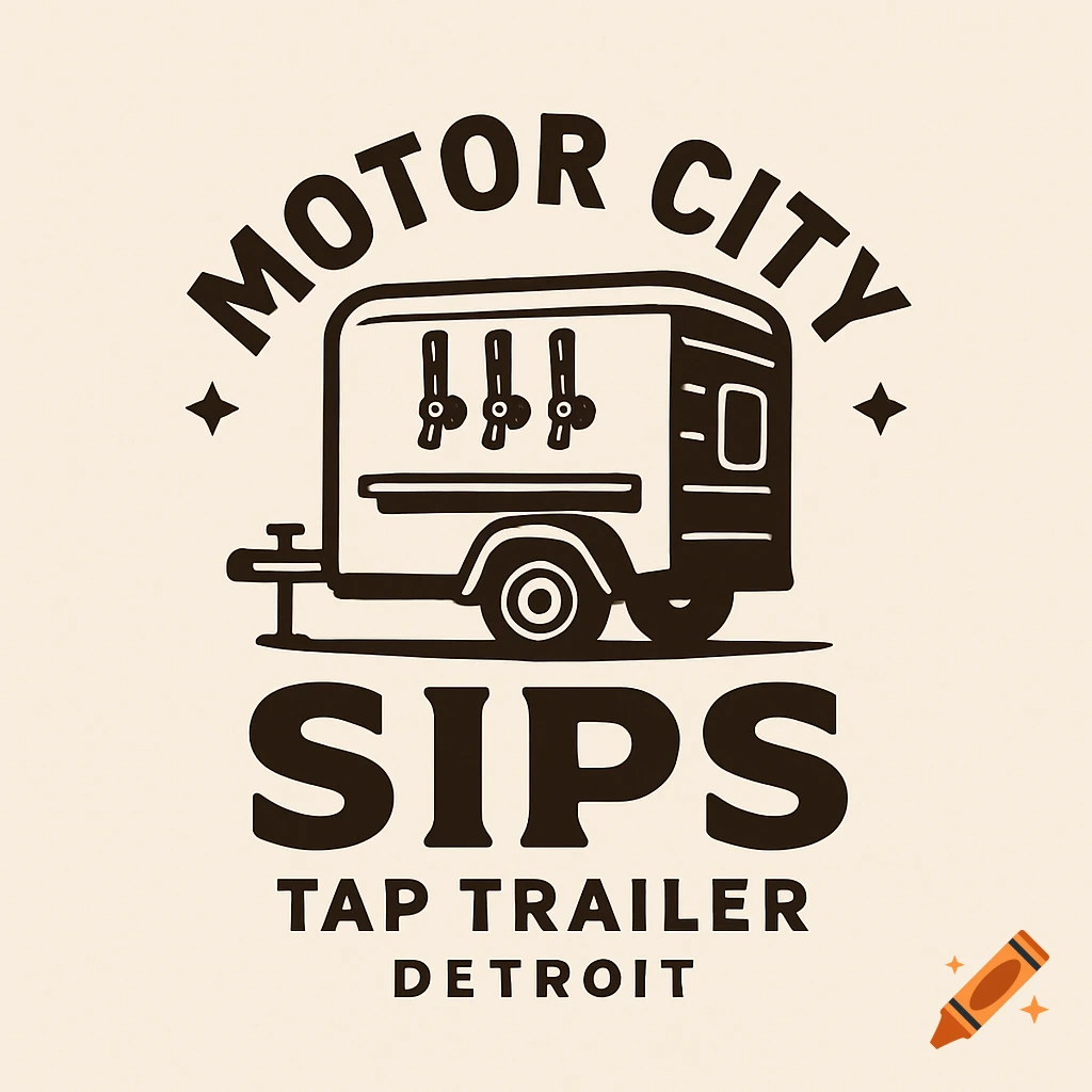 Black and white logo for Motor City Sips featuring a tap trailer with text 'Tap Trailer Detroit'