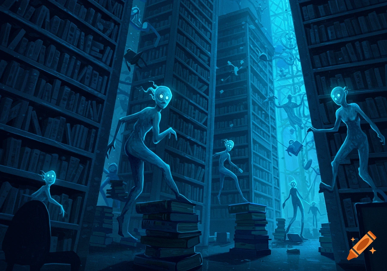 Eerie glowing figures climb book stacks in a dark, blue-toned library.