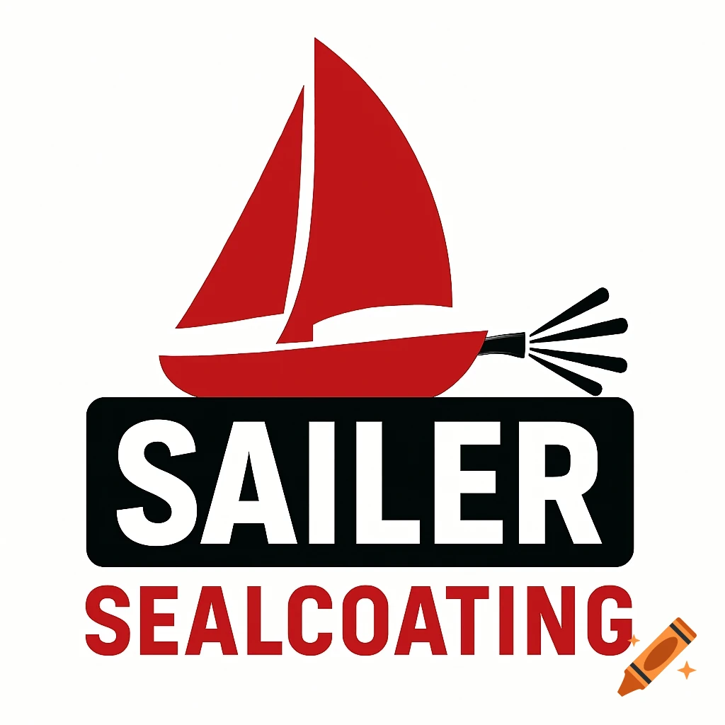 Red, white, and black logo for Sailer Sealcoating featuring a sailboat.