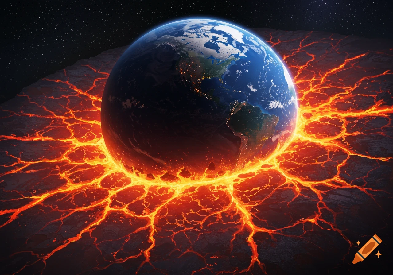 The Earth erupts from a cracked, lava-filled surface beneath a starry sky.