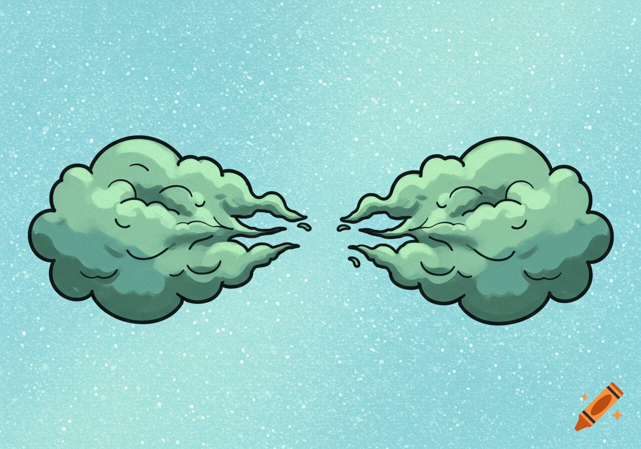 Two cartoon green clouds blowing at each other against a shimmering blue background.