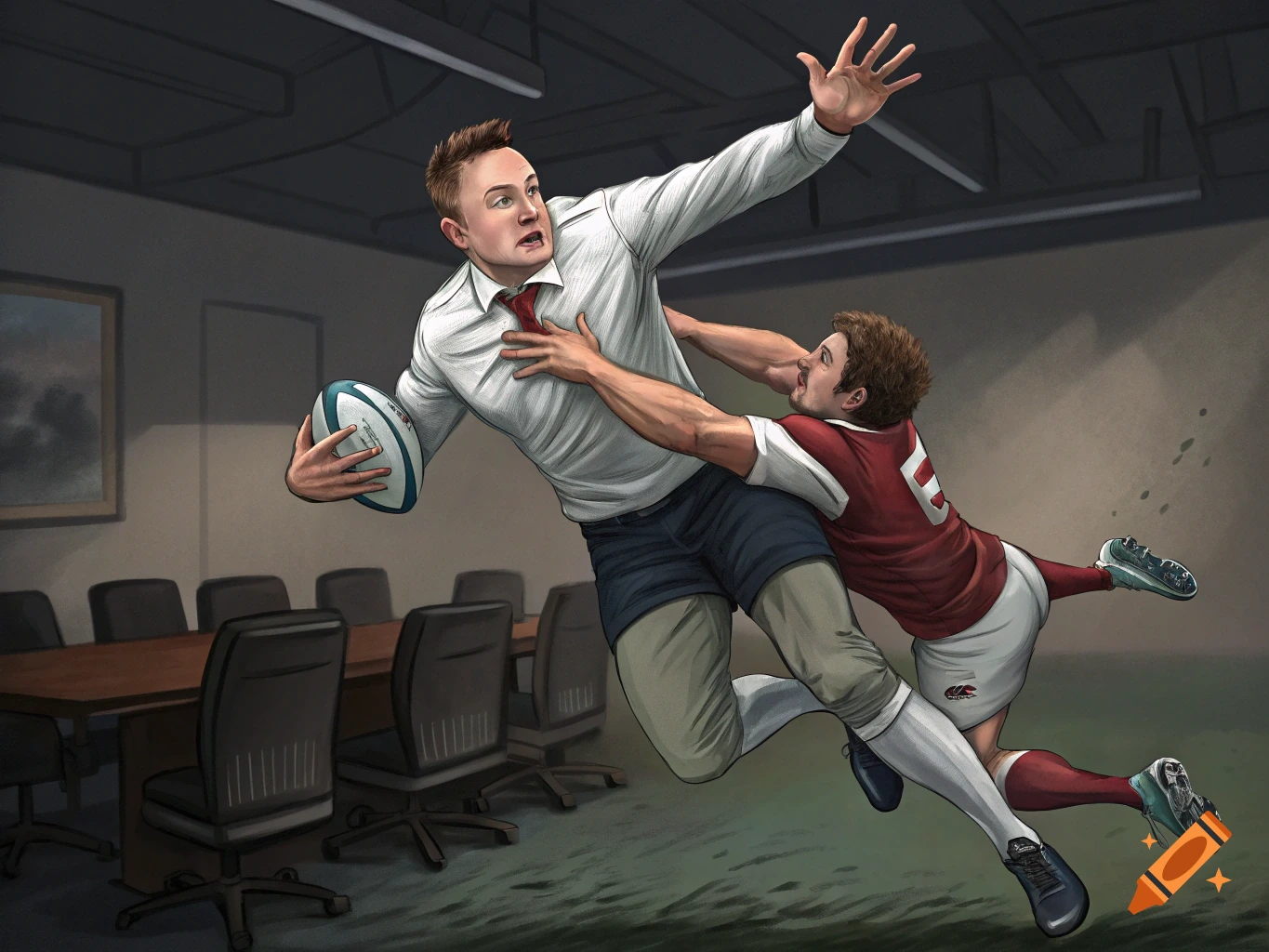 Two men play rugby in an office. One man in a white shirt is tackled by another in a red jersey.