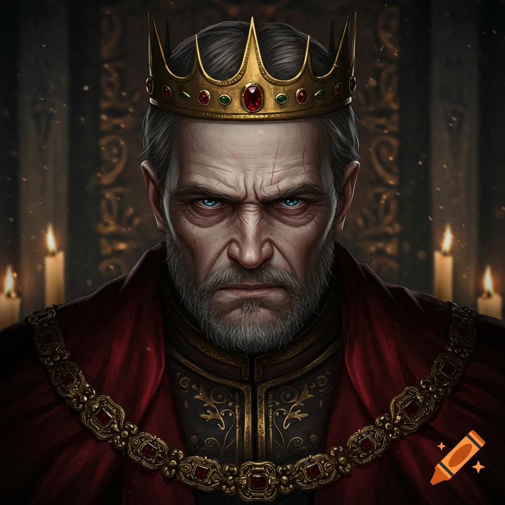 A detailed portrait of a stern king with a golden crown, beard, and red royal robe, with intense blue eyes, in a fantasy style.