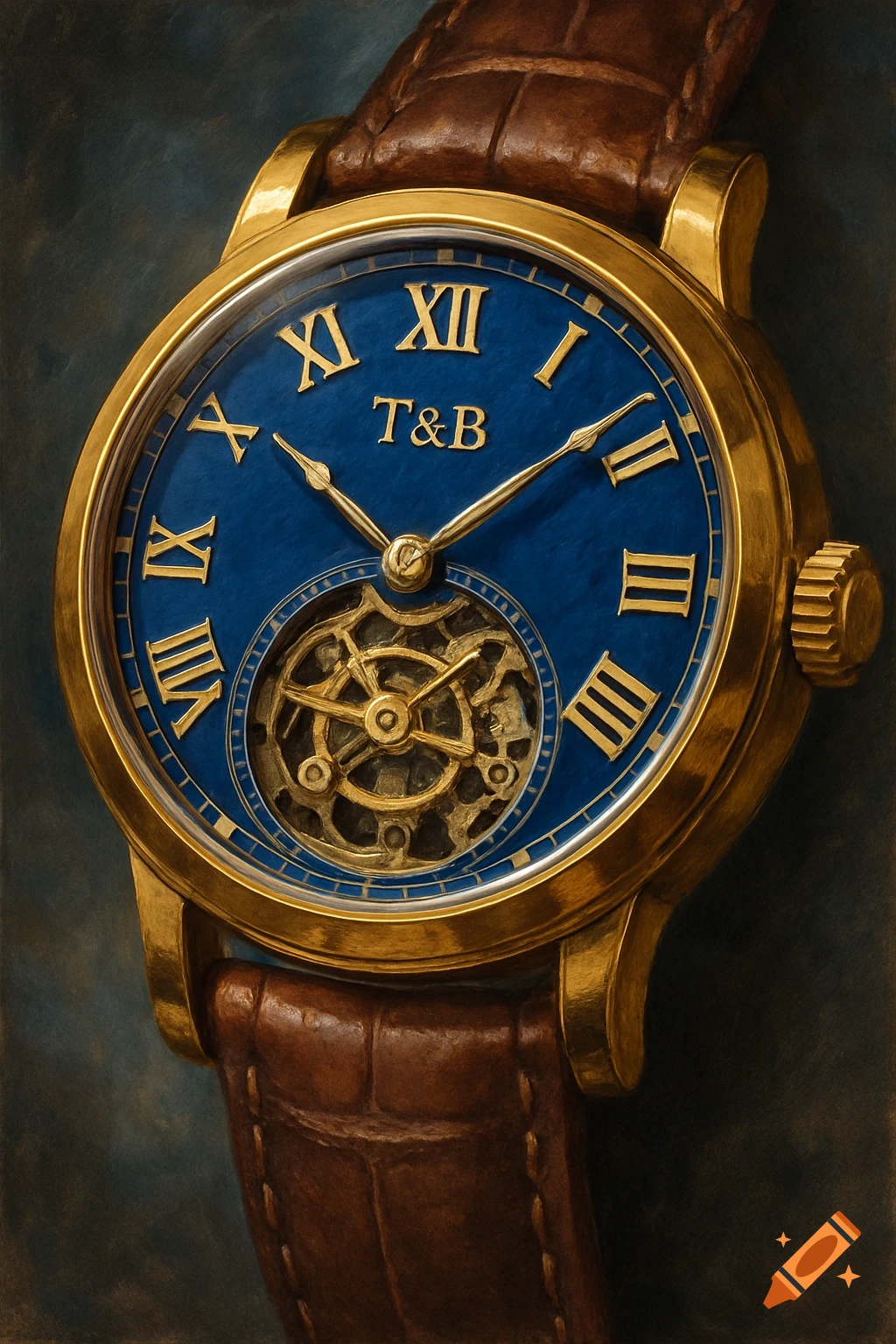 Close-up of a gold mechanical watch with blue dial, Roman numerals, brown leather strap, and exposed gears.