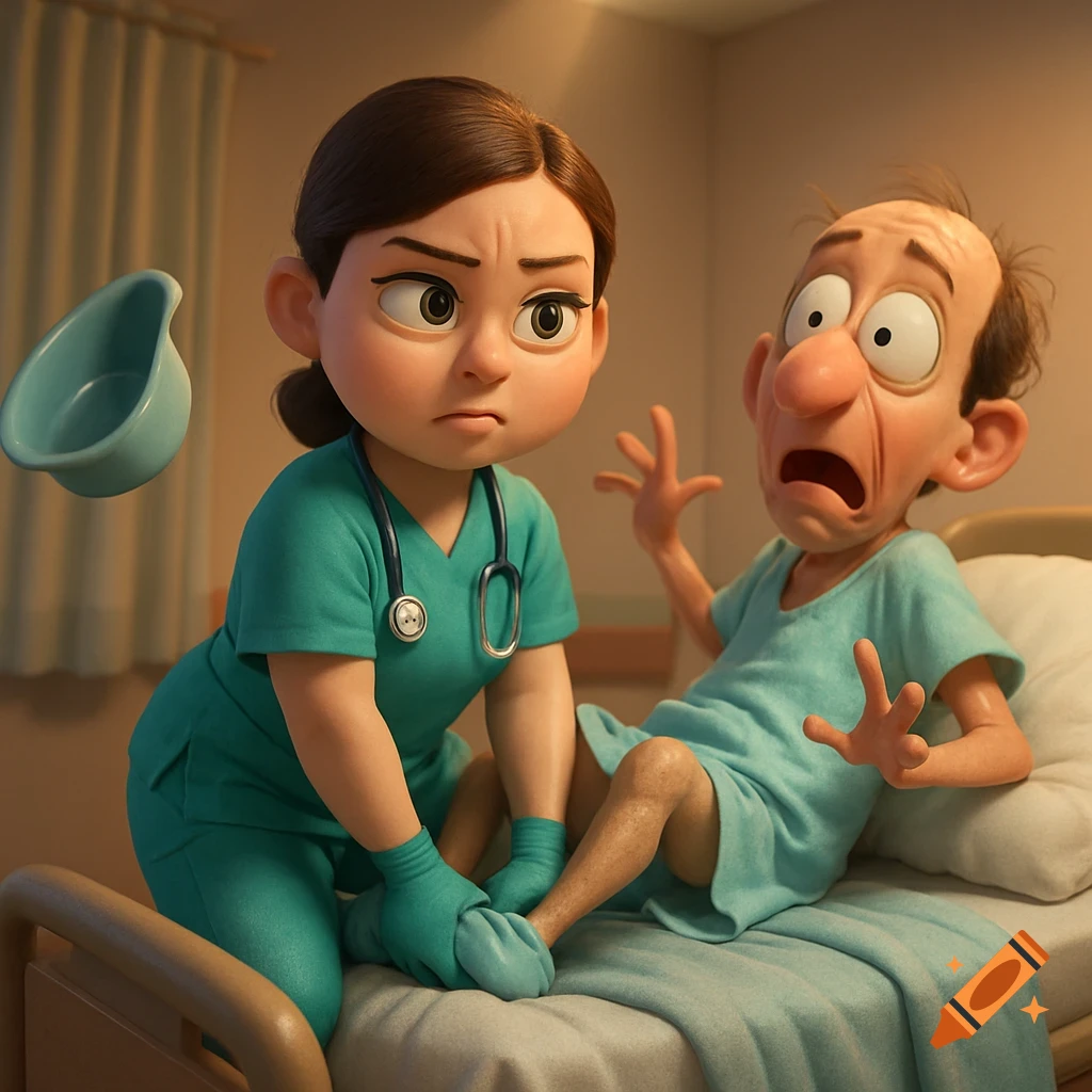 Cartoon nurse helps a startled patient in a hospital bed, Pixar style.