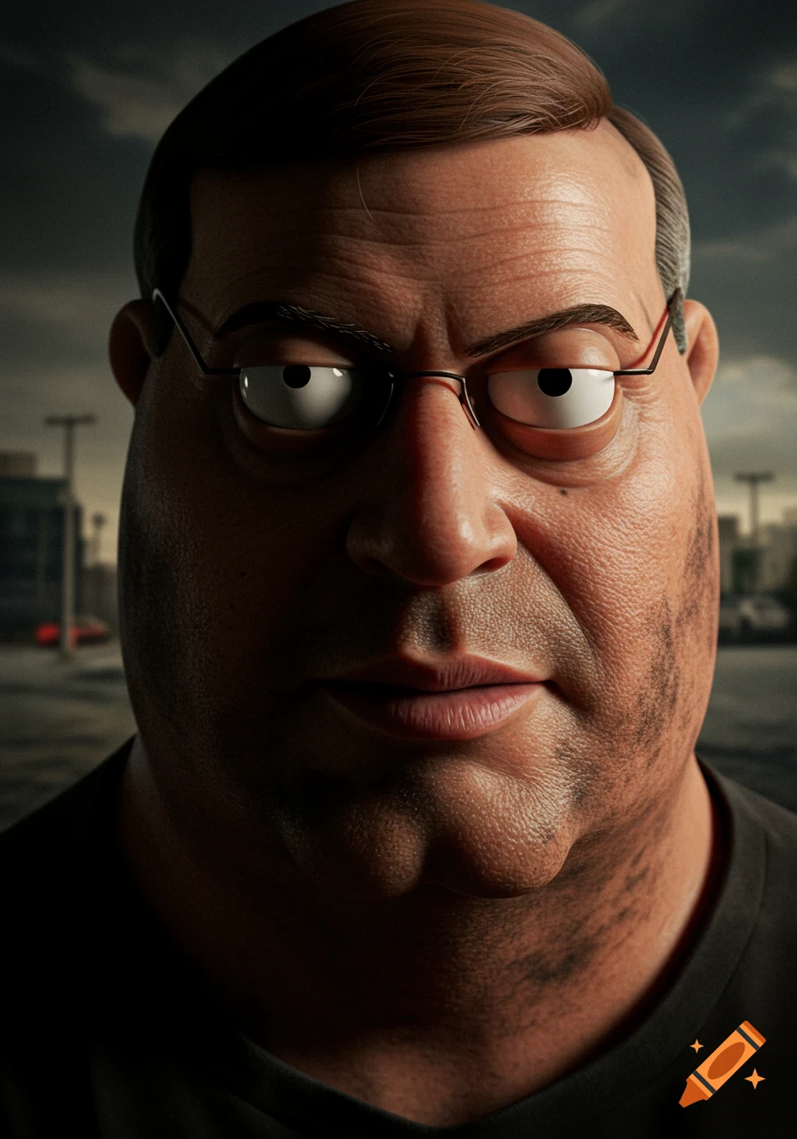 Hyperrealistic close-up portrait of Peter Griffin with cartoonish eyes and features, half of the face in shadow.