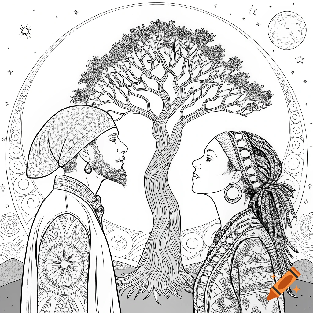 Line art coloring page of a man and woman facing each other with a tree and moon behind them.