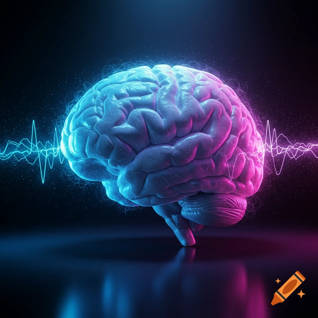 A human brain with glowing blue and pink brainwaves