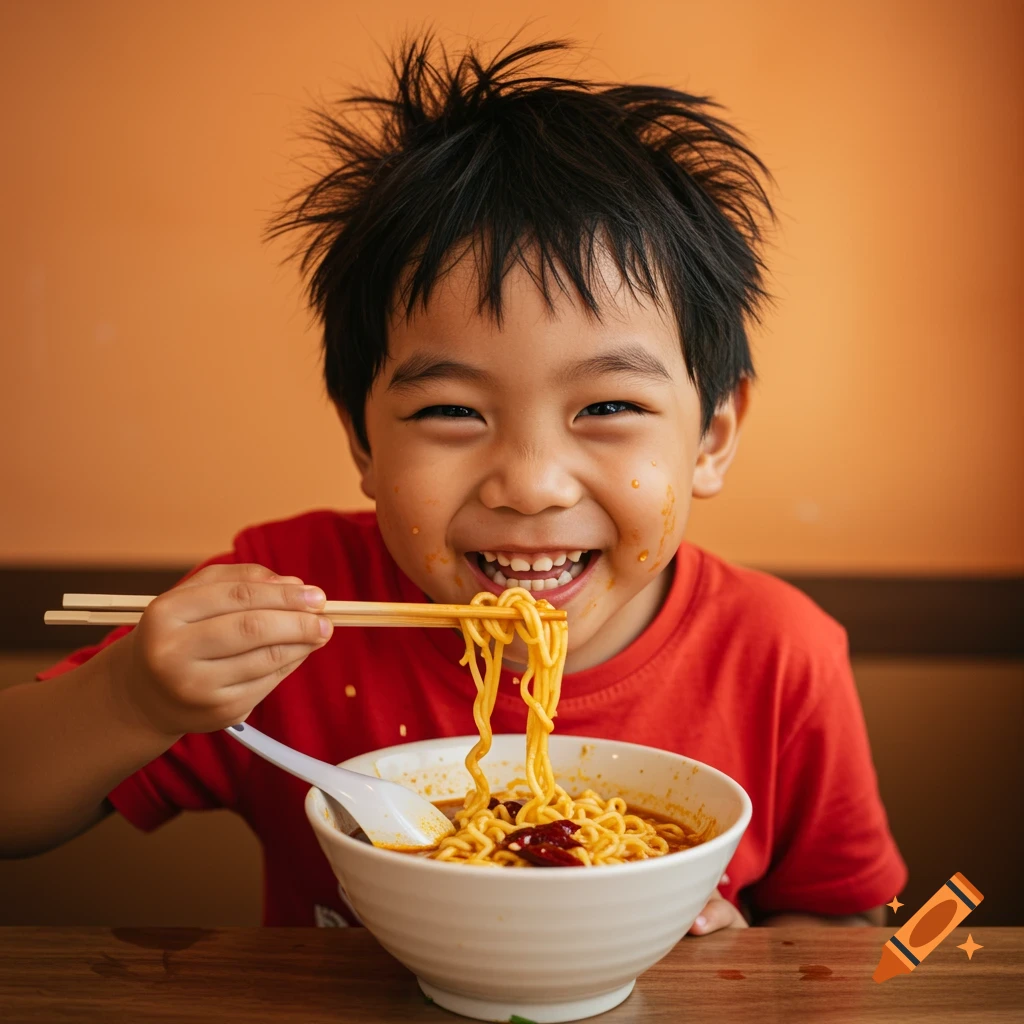 Young boy smiles excitedly while eating ramen with chopsticks