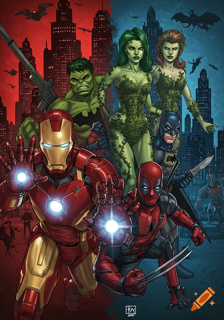 Comic style poster with Iron Man, Batman, Hulk, Poison Ivy, Deadpool, and Wolverine against a split red/blue city backdrop.