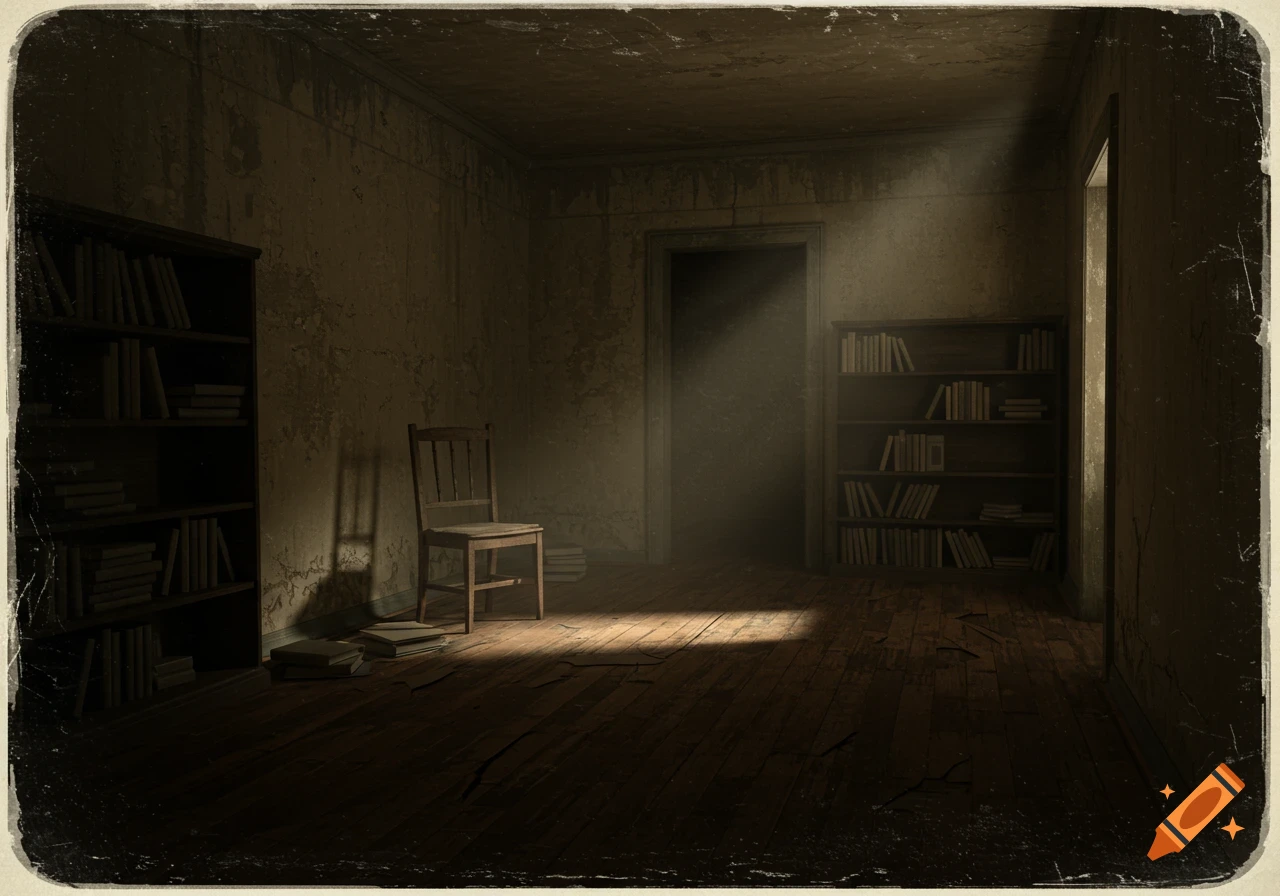 A dark, creepy room with tall bookshelves filled with books and an old wooden chair in a patch of sunlight.
