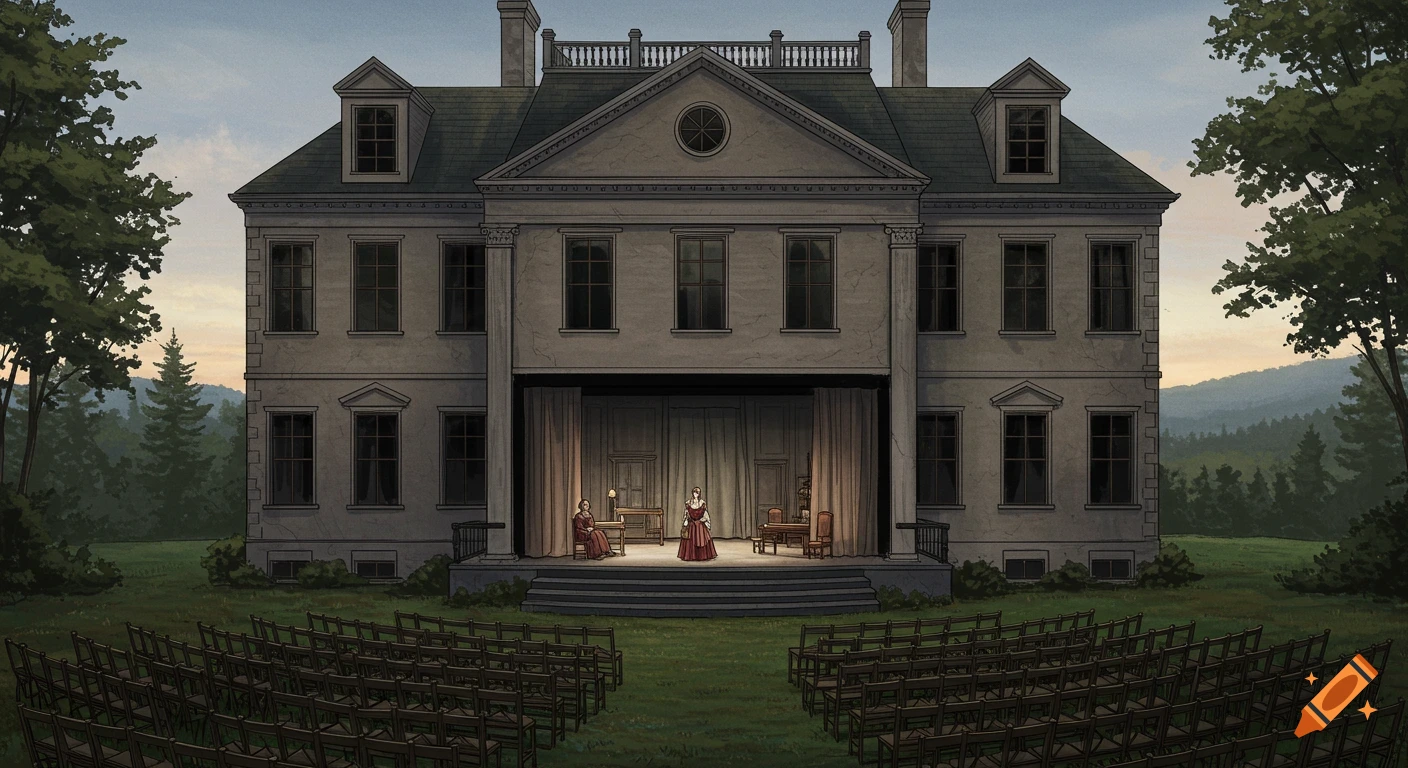 Stylized illustration of a theatre stage set up in front of an old manor house with audience seating on the lawn.