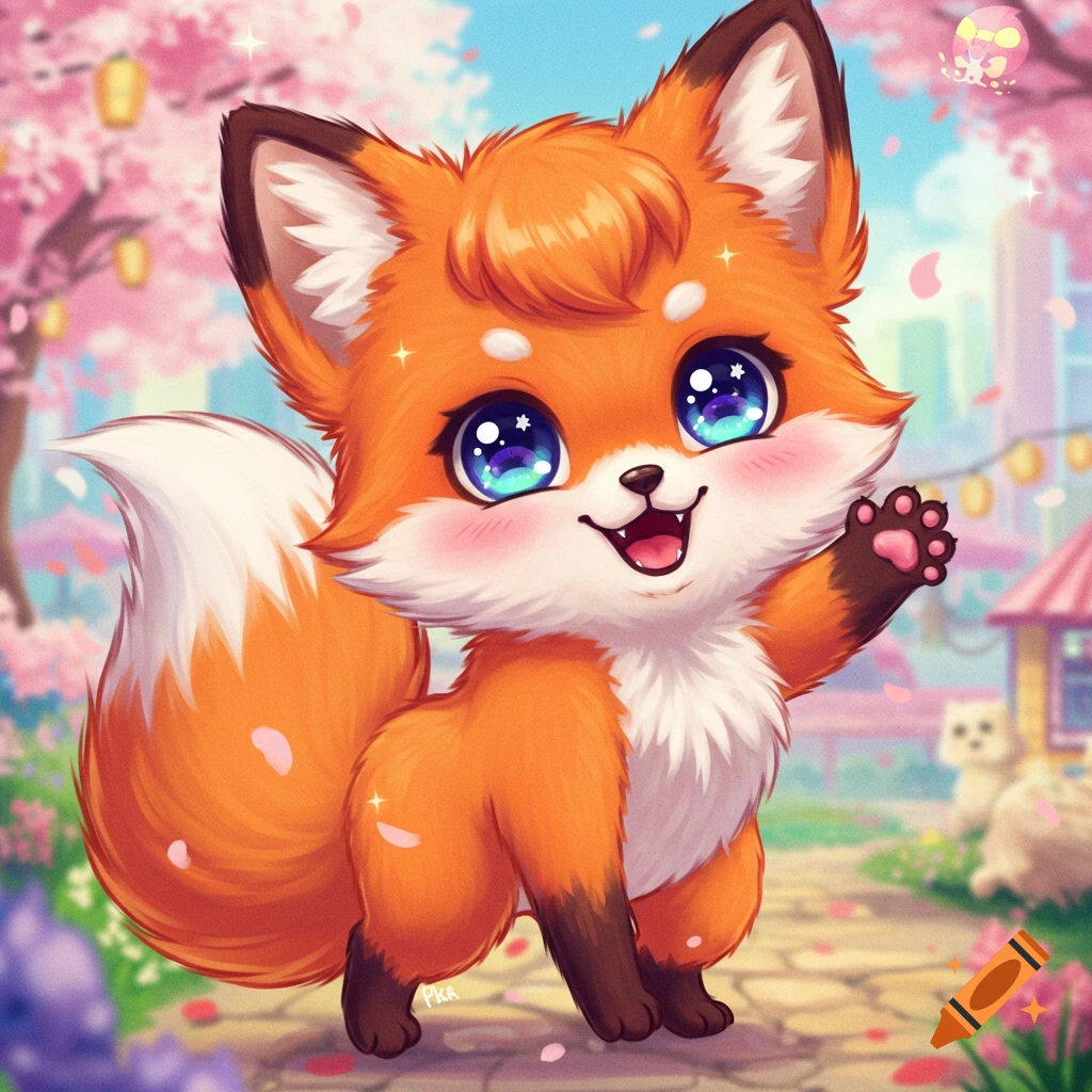 Cute anime furry fox waving on a path with cherry blossom trees.