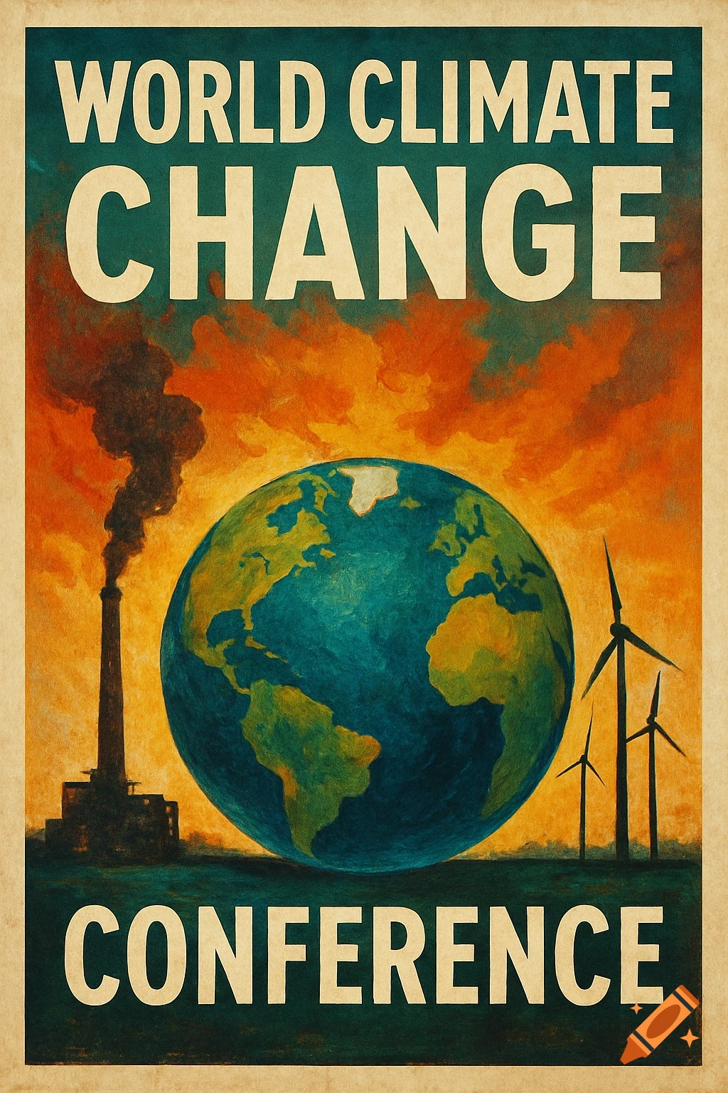 Poster about a world climate change conference, depicting Earth, a smoking factory, and wind turbines against an orange sky.