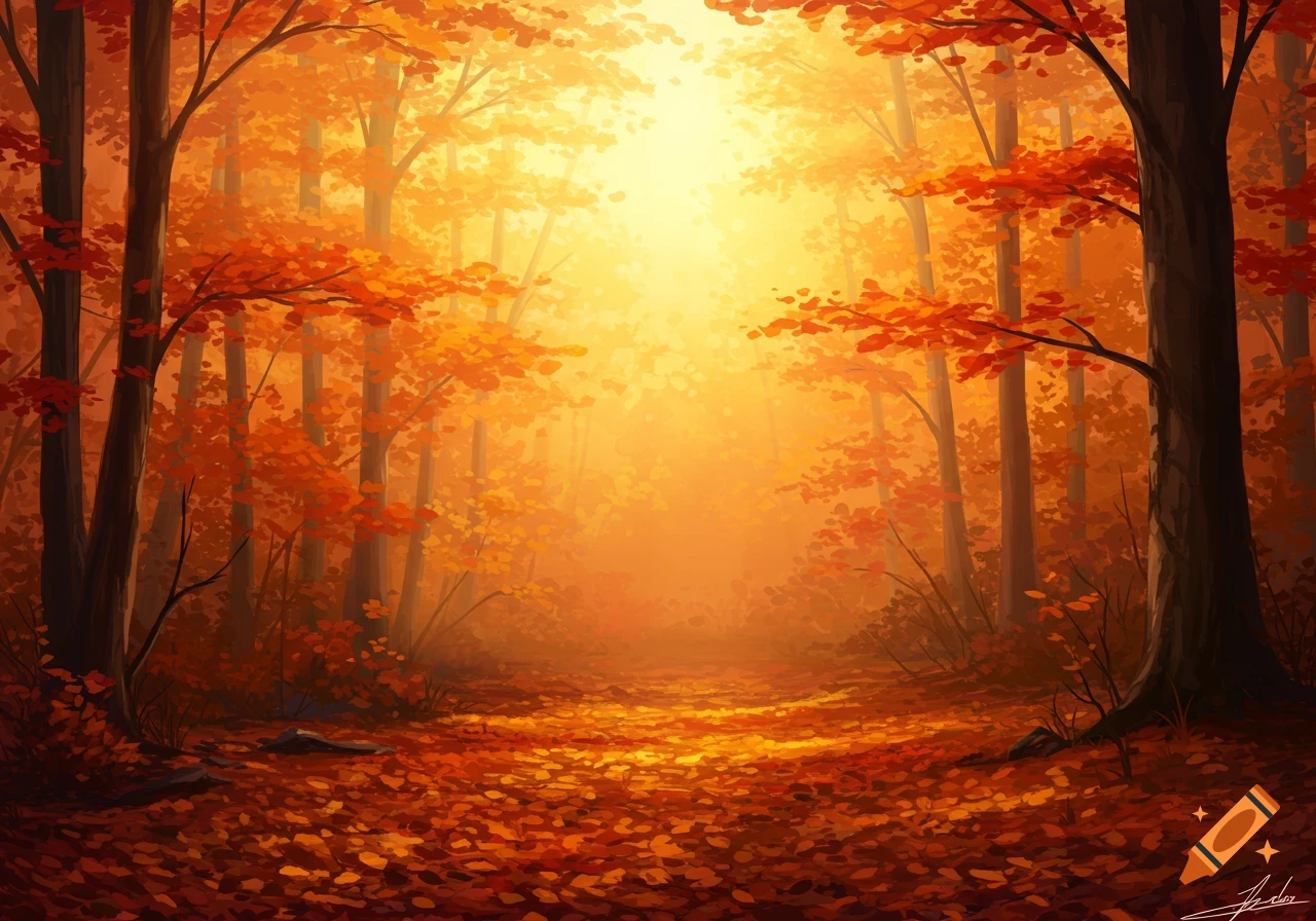 A path through an autumn forest with golden light filtering through the trees.