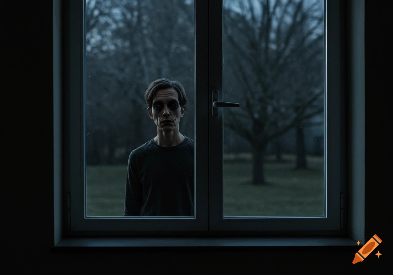 A gaunt man with dark eyes stares from outside a window in a dark, spooky scene.