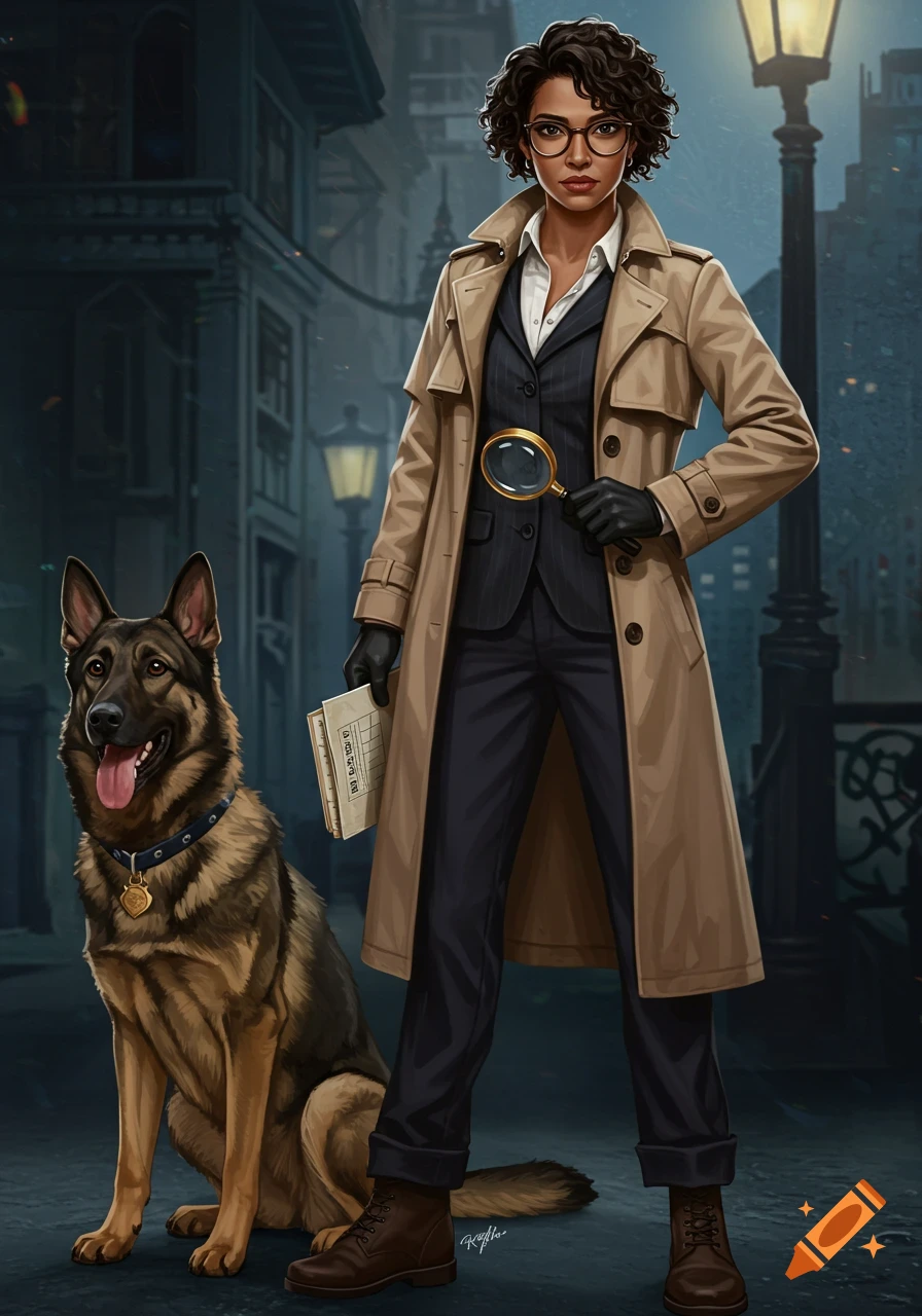 A female detective and her German Shepherd stand on a street at night. She wears a trench coat and holds a magnifying glass and case file.
