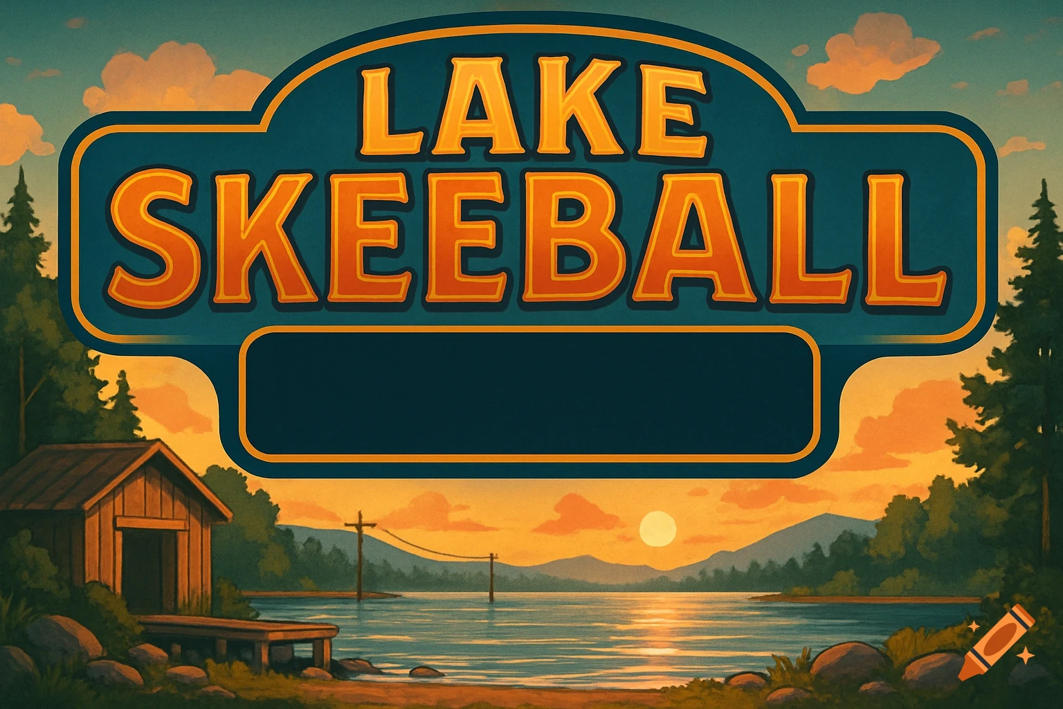 Vintage-style sign for Lake Skeeball overlooking a lake at sunset.