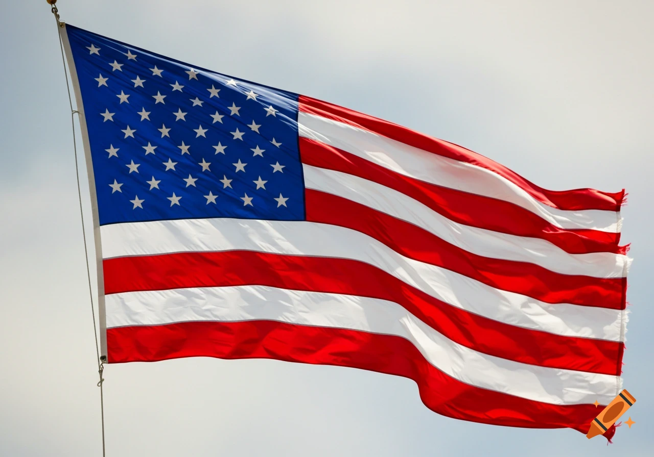 An American flag waves against a cloudy sky.