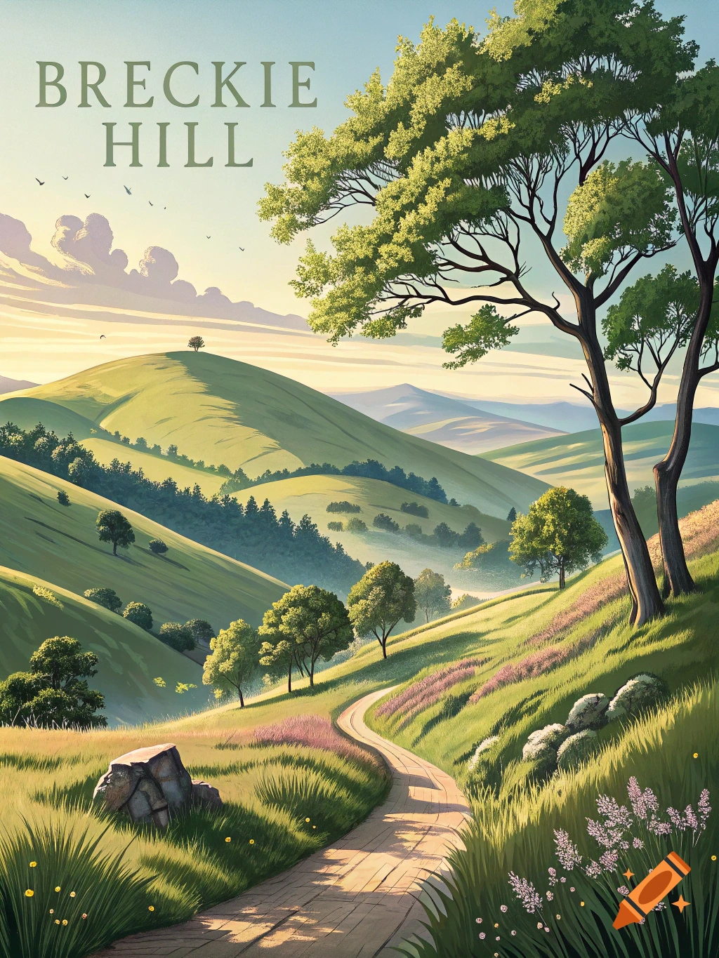 Illustrative landscape of green hills with trees, path, flowers, and text 'BRECKIE HILL'.