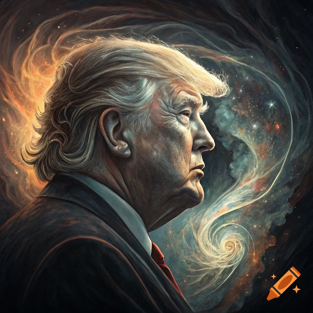Profile portrait of Donald Trump against a swirling cosmic background.