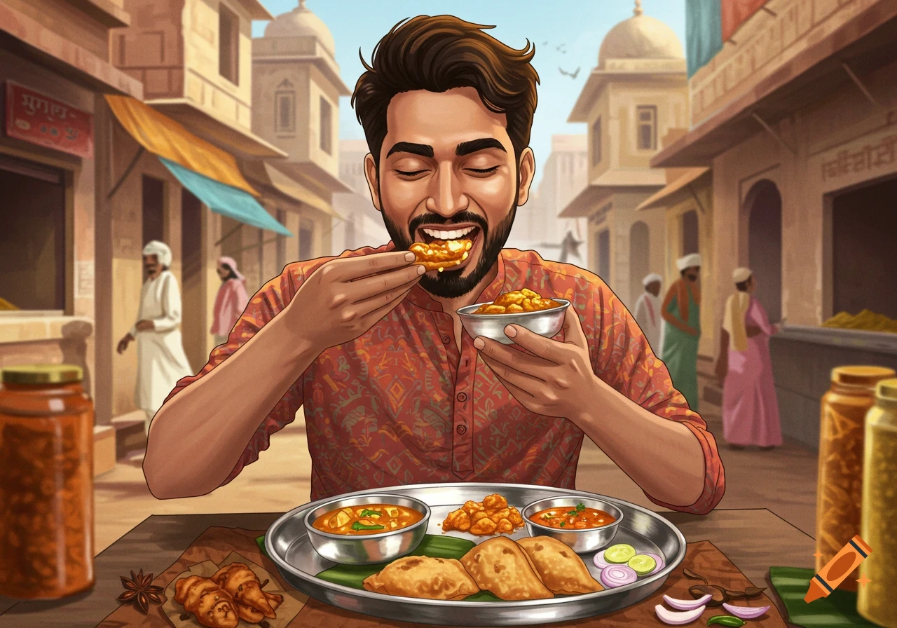 An Indian man joyfully eats food from a thali at a street market stall, illustration style.
