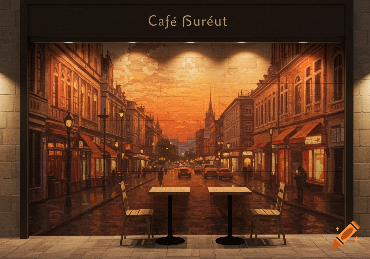 A cafe facade with a mural of a bustling European street scene at sunset, two tables and chairs outside.