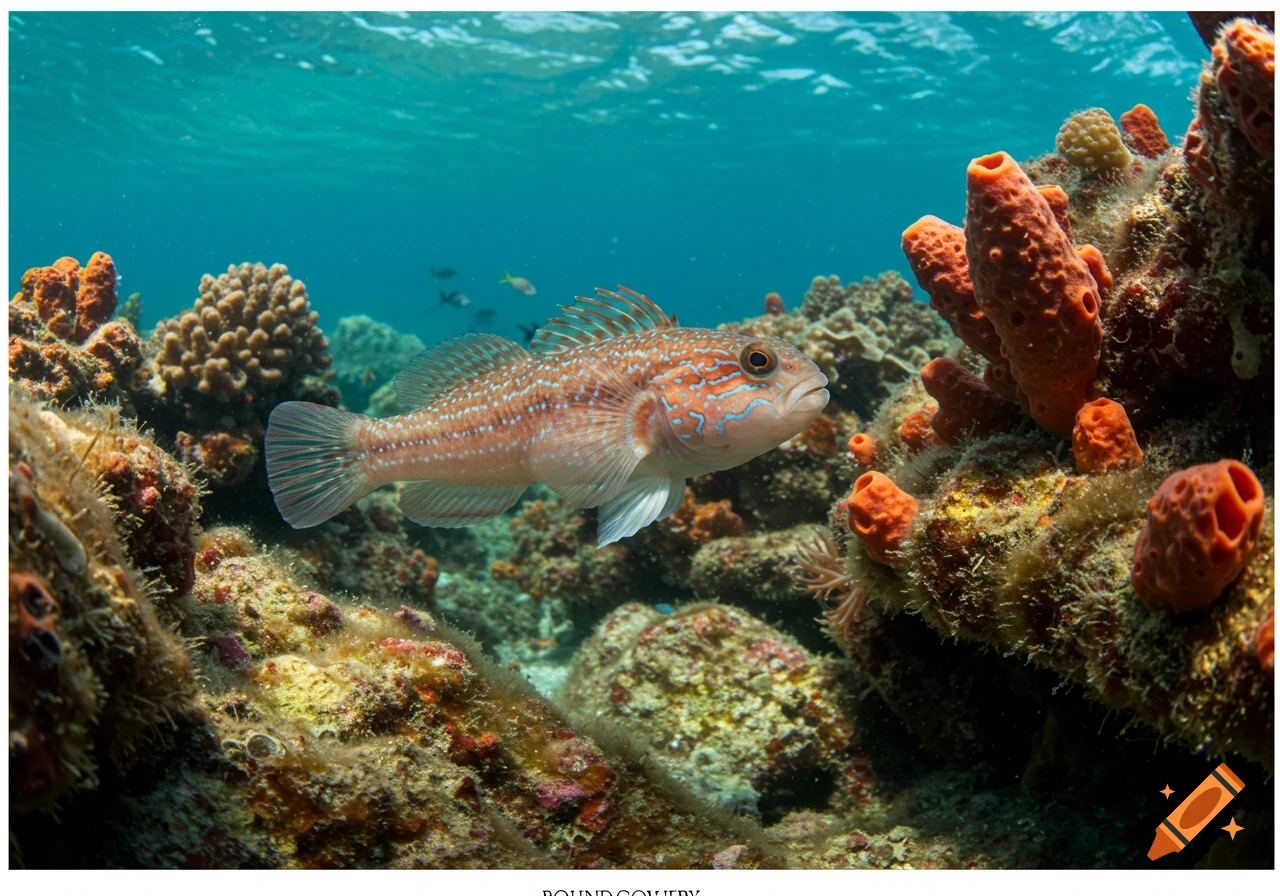 A round goby fish swims near orange and brown coral in clear blue water. Photorealistic.