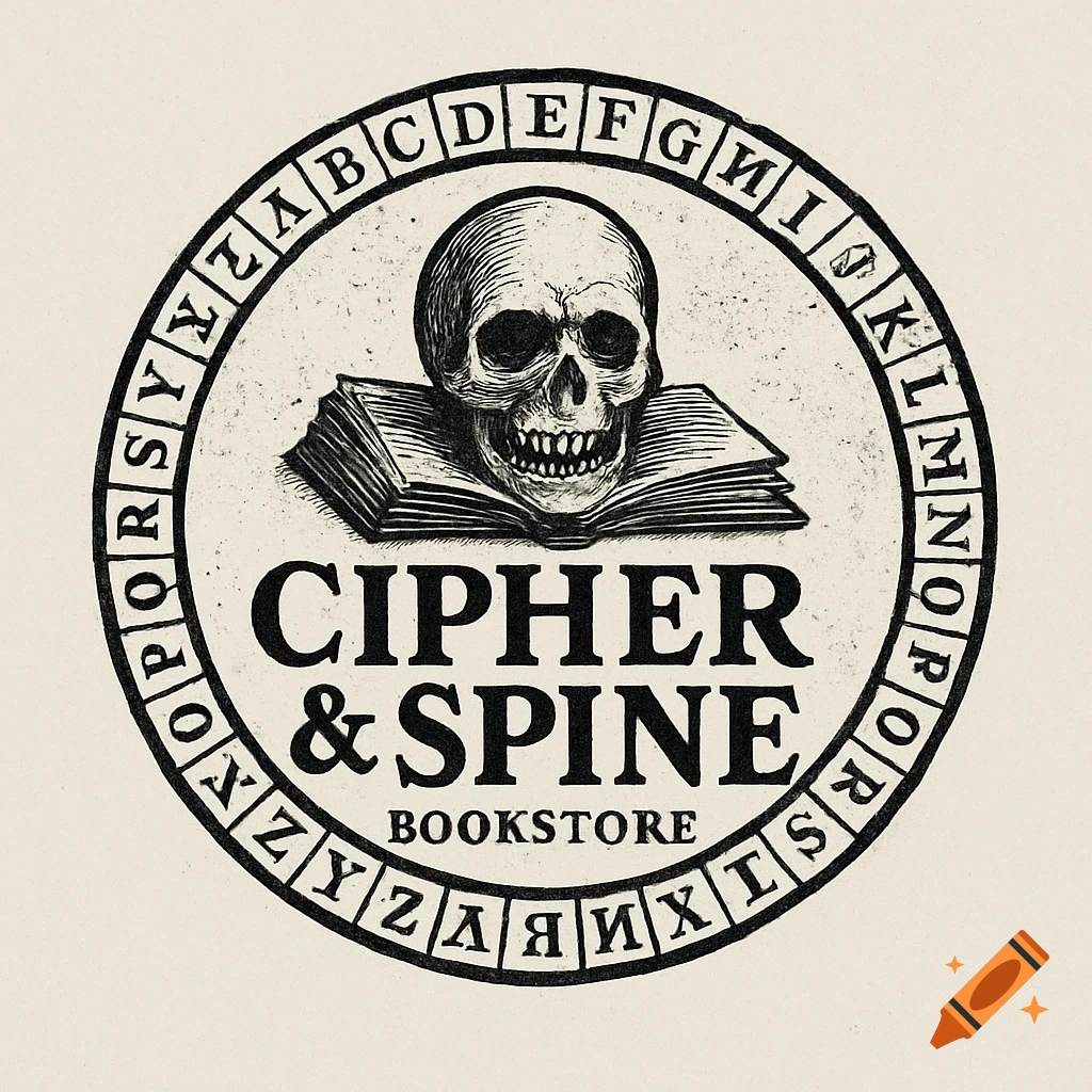 Circular logo with skull on book, alphabet border, and text 'Cipher & Spine Bookstore'. Woodcut style.