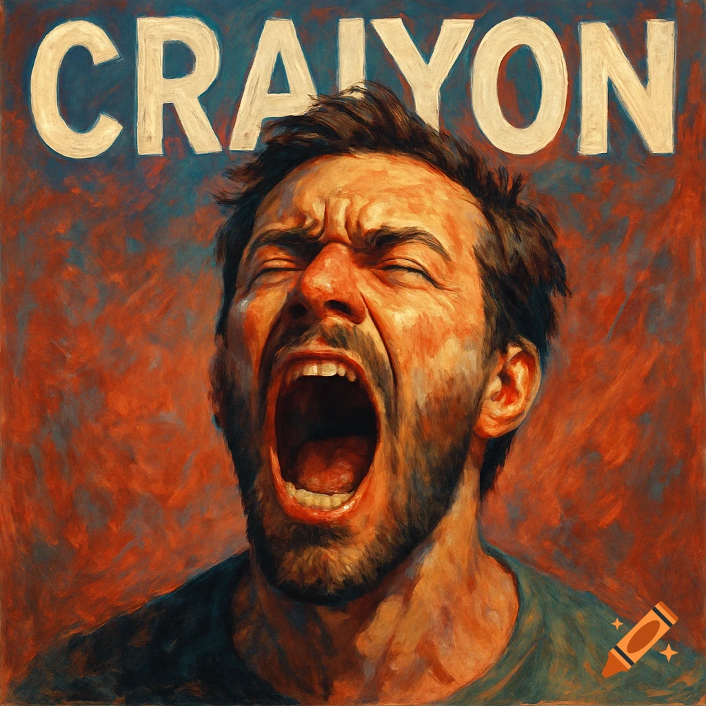 Painting of a man screaming with the word CRAIYON above his head.