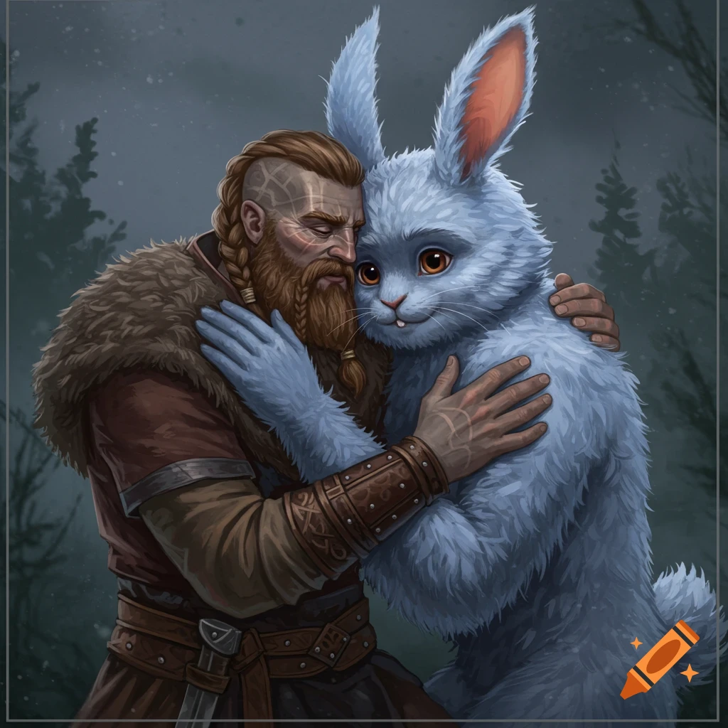 A detailed illustration of a bearded Viking man cuddling a large, fluffy blue rabbit.