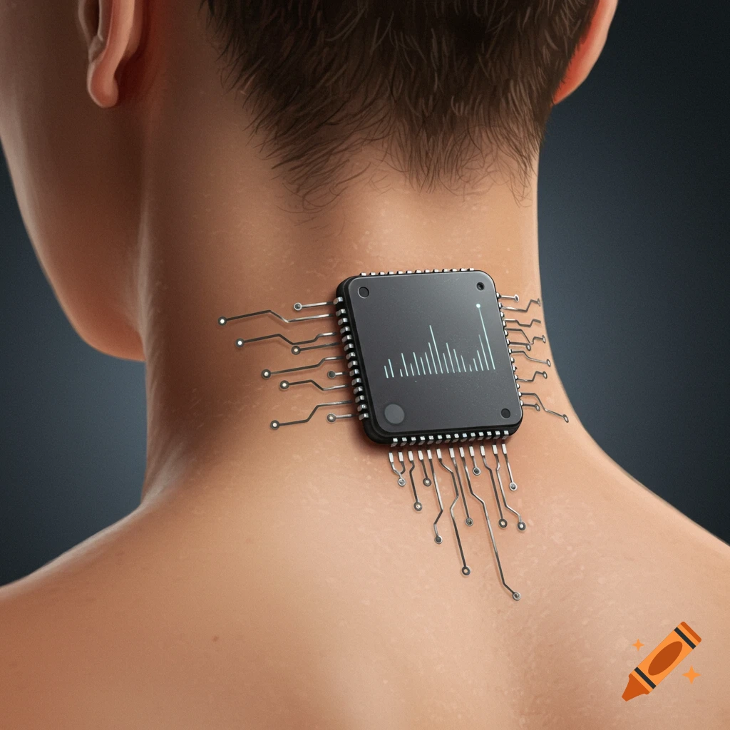 A computer chip is embedded in the back of a person's neck, displaying a graph on its screen.