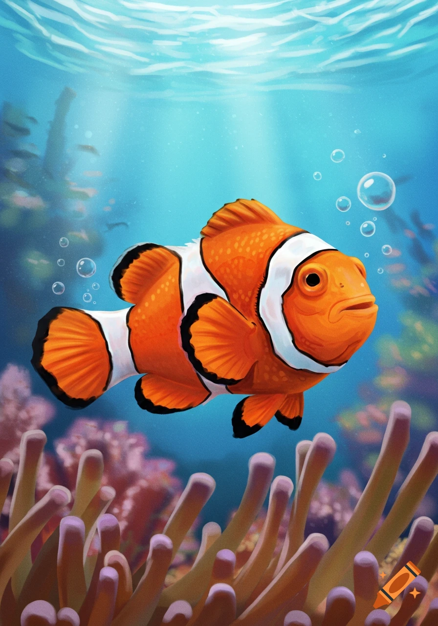 An orange and white clownfish swims among purple and orange anemones in a blue underwater illustration.