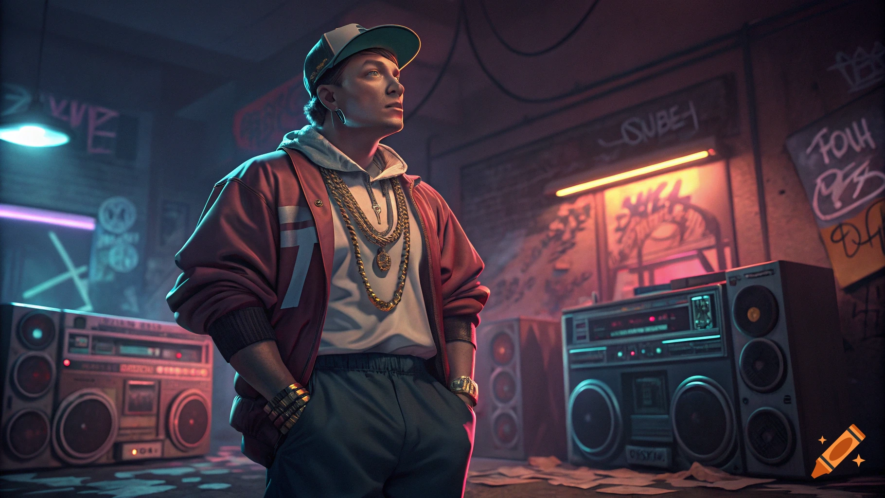 Man in 90s hip hop style with gold chains and cap, standing among boomboxes with graffiti in a dimly lit room.