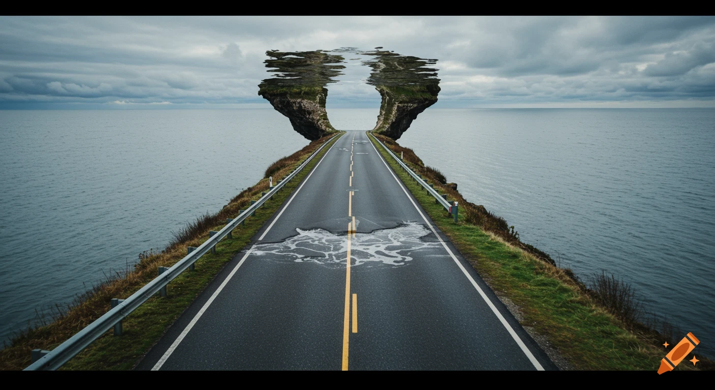 A surreal perspective of a road splitting into floating islands over the ocean with water reflecting on the surface.