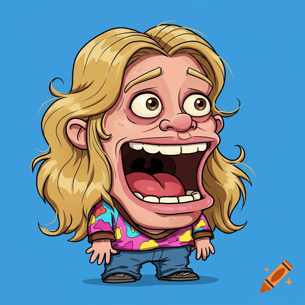 Cartoon character with a giant open mouth, blonde hair, and a colorful patterned shirt on a blue background.