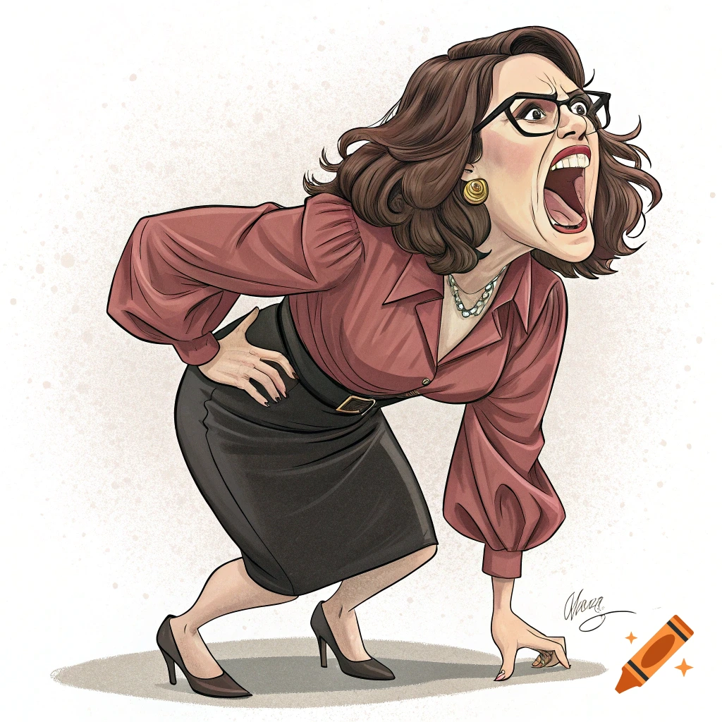 Caricature of a woman in a blouse and skirt, bending forward with an exaggerated angry expression.