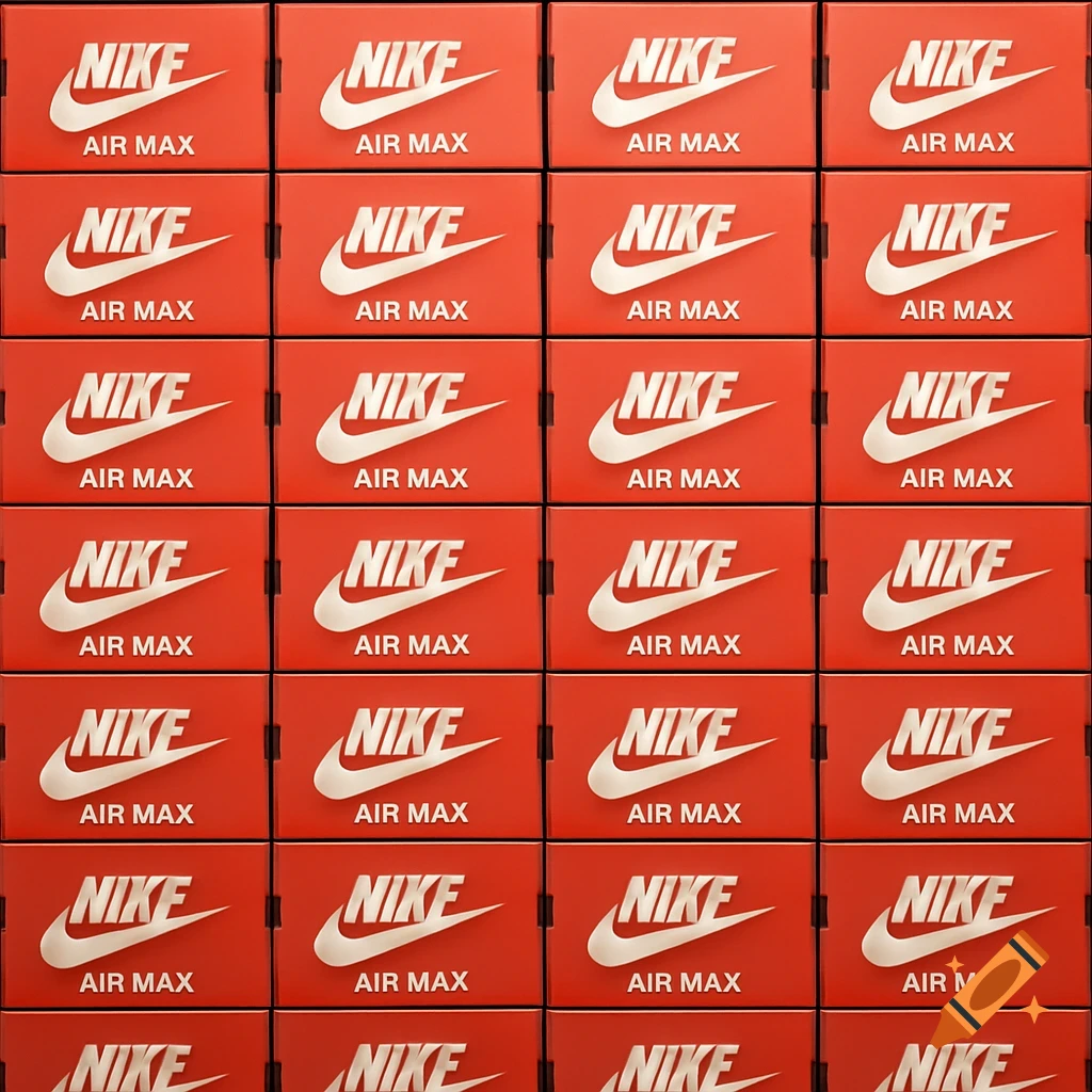 A stack of red Nike shoe boxes with logos and text