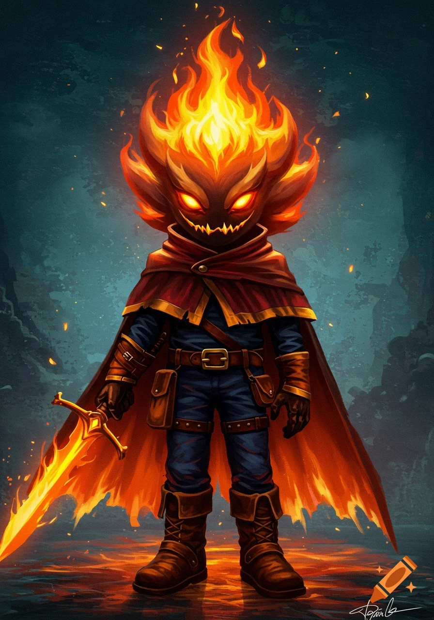 Fantasy character with a flaming head and glowing eyes, wearing a red cape and holding a fiery sword.
