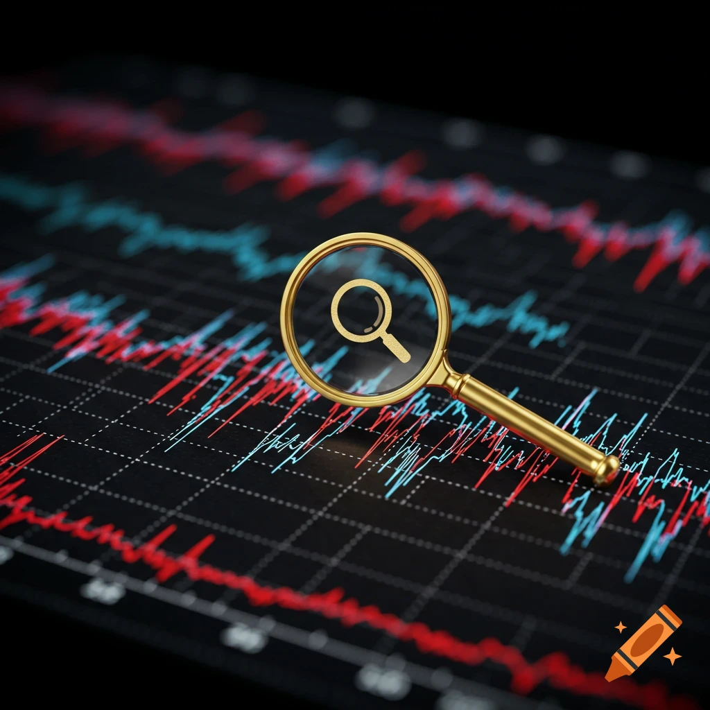 A golden magnifying glass sits on a dark background showing red and blue fluctuating lines, like a stock or signal chart.