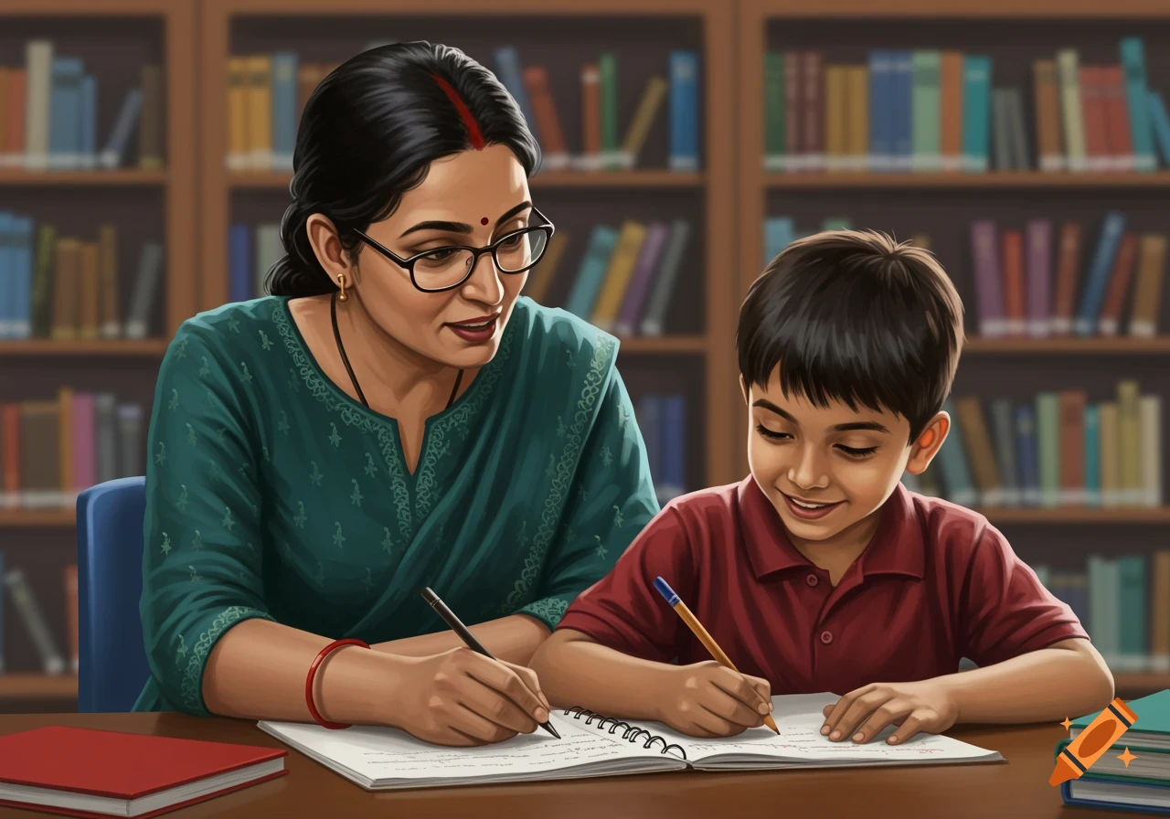 A teacher helps a young boy write in a notebook at a table in a library, painted style.