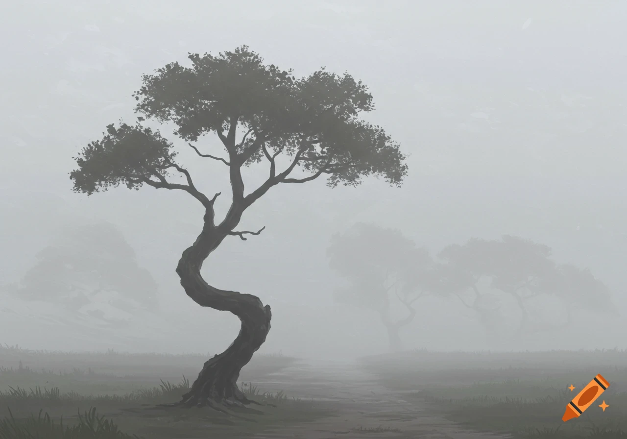 Digital painting of a single crooked tree beside a path in a foggy landscape.