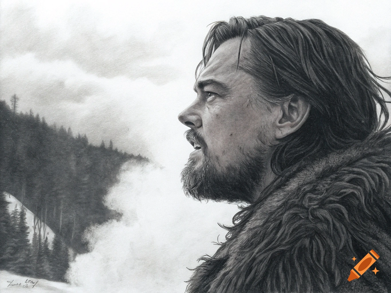 Pencil drawing of Leonardo DiCaprio from The Revenant looking at a misty mountain landscape.