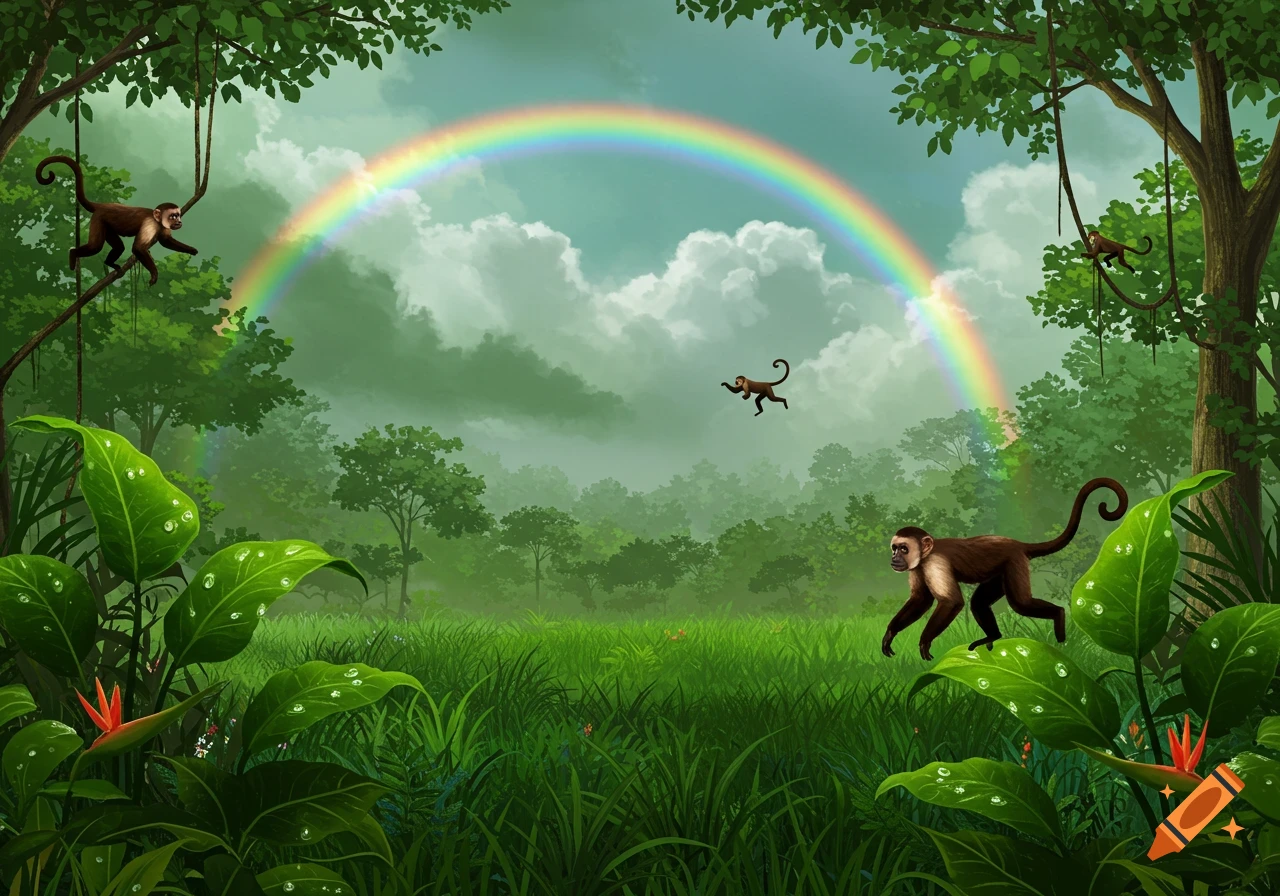 Illustration of monkeys in a lush rainforest with a rainbow overhead.