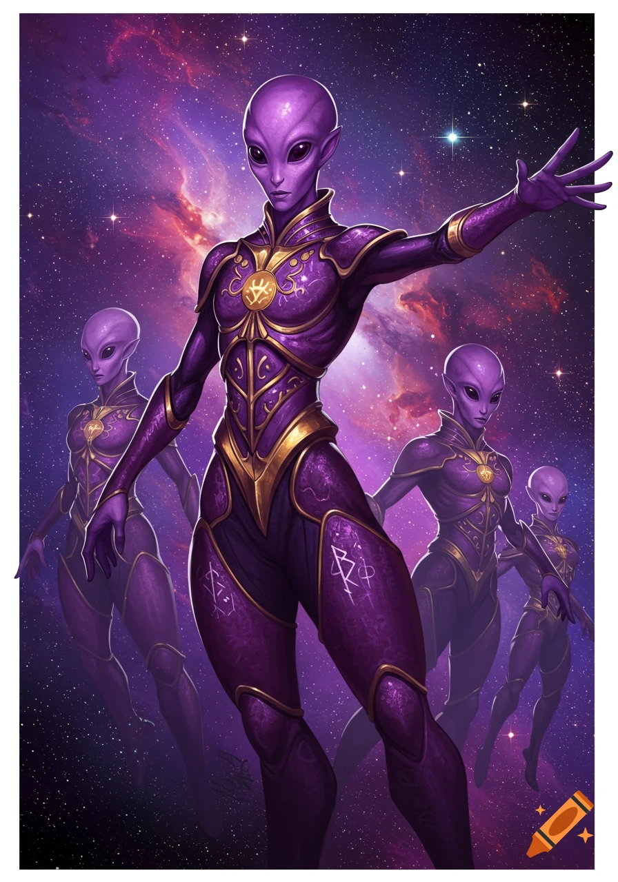 Purple aliens in ornate armor stand in space.