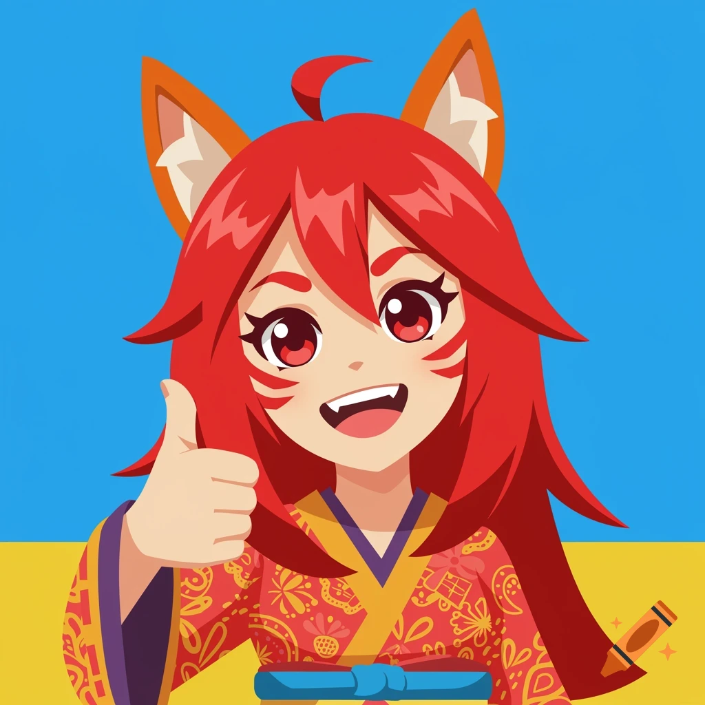 A cartoon kitsune girl with red hair in a kimono gives a thumbs up.